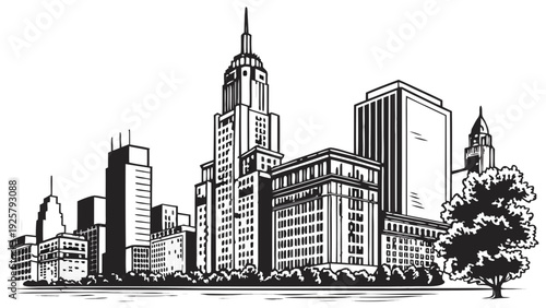 Stunning cityscape with modern skyscrapers and trees