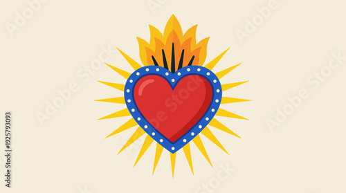 Bright sunburst heart logo featuring a red heart with blue border and radiant yellow rays on a pale beige background