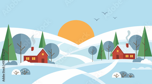 Winter village landscape with snow-covered hills, evergreen trees, and cozy cottages basking in a warm sunset.