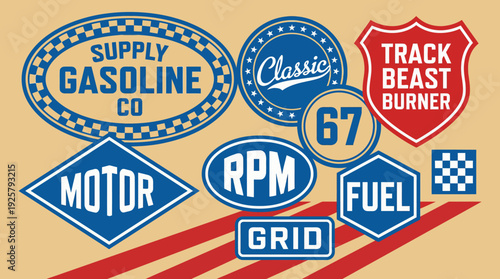 Vintage retro gasoline signs collage featuring blue motor badge, classic fuel and RPM grid emblems amid 1960s Americana automotive decor.