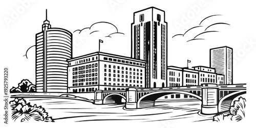 Modern cityscape with sleek skyscrapers and bridge over river