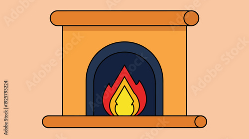 Cozy cartoon fireplace illustration with a glowing fire in a warm living room interior, vector art
