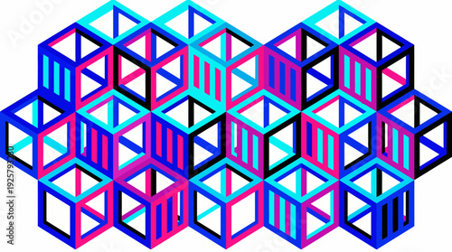 Abstract geometric cube lattice in vibrant isometric 3D design, a colorful pattern of blue, purple, and cyan cubes