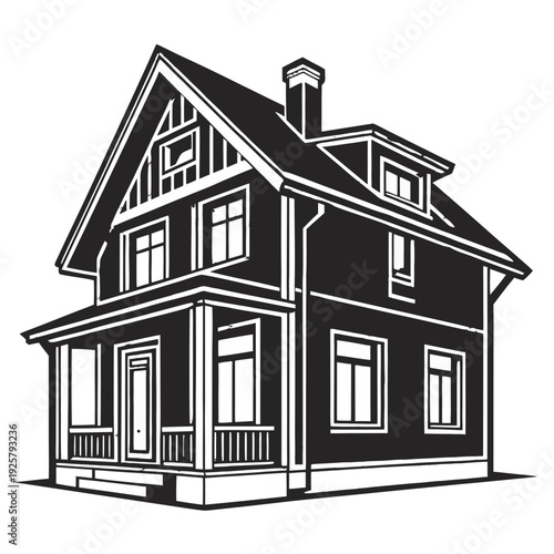 Modern two-story house with porch and chimney illustration