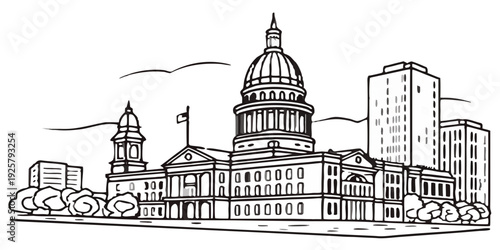 Historic government building with iconic dome and modern cityscape