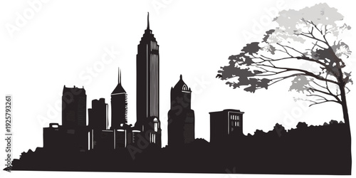 Modern city skyline silhouette with trees and skyscrapers