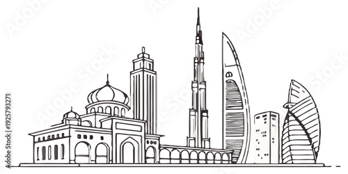 Stunning cityscape with modern skyscrapers and traditional mosque