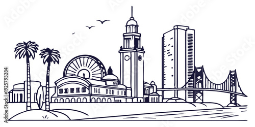 San Francisco cityscape with iconic bridge and palm trees by the bay