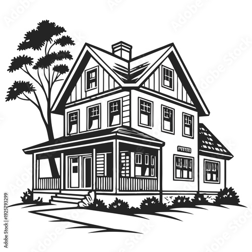 Beautiful suburban home with porch and tree