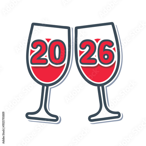 Refractive glass champagne flutes with 2026 red numbers for New Year celebration and future luxury event 3D render