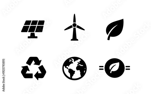 Set of icons representing renewable energy, recycling, and environmental protection