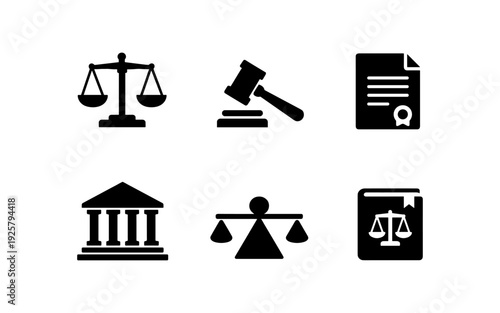 Collection of black legal icons representing justice, law, and court proceedings