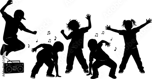Children dancing street dance silhouette vector illustration