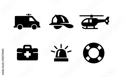 Collection of emergency service icons including ambulance, firefighter helmet, helicopter, first aid kit, siren, and lifebuoy