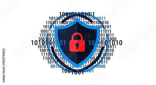 Cyber security shield with lock and binary code