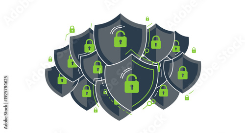 cyber security shields with green locks