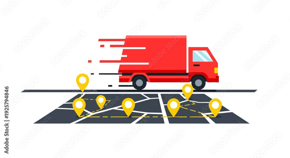Fototapeta premium Delivery truck on map with location pins