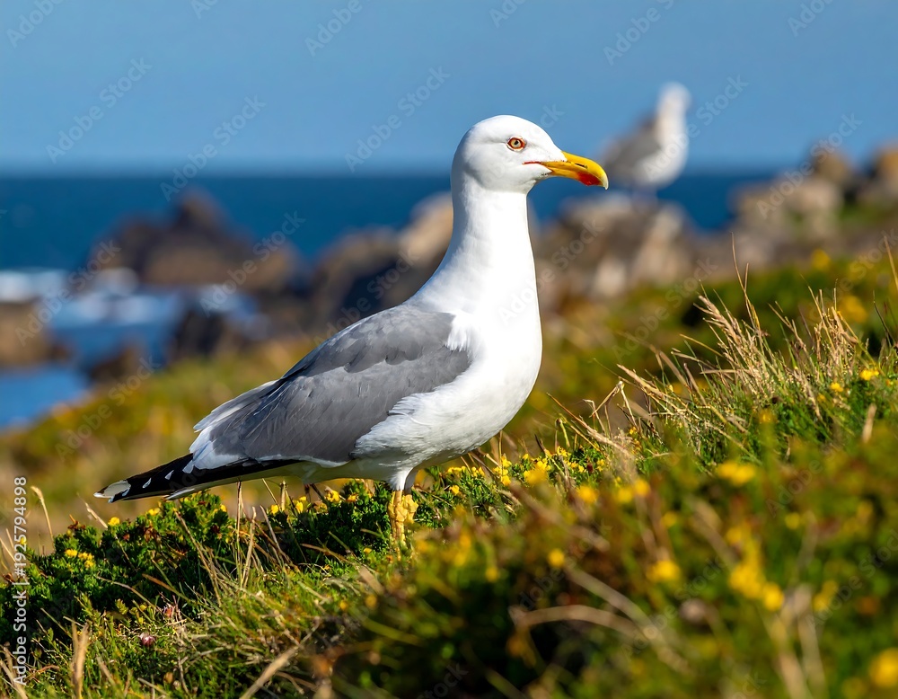 Obraz premium Seagull stands on grassy shore, with another seagull in the background on a sunny day