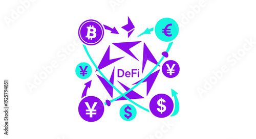 DeFi cryptocurrency concept with various currency symbols