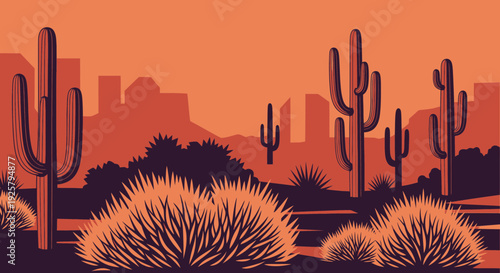 desert landscape with cacti and city skyline