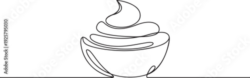 Whipped cream in a bowl in continuous one line art style. one line art icon drawing vector