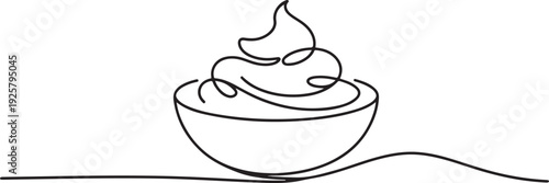 Whipped cream in a bowl in continuous one line art style. one line art icon drawing vector