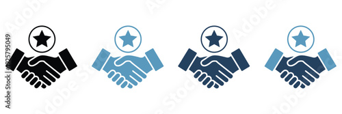 Business handshake icon collection, vector symbols for partnership agreements, teamwork, cooperation, and client relations, ideal for digital platforms, mobile apps, and user interface design.
