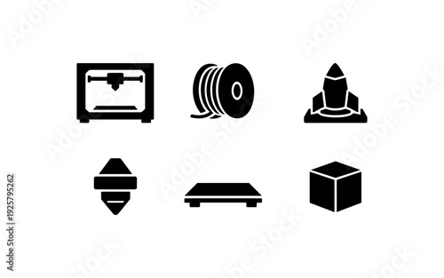 Collection of 3D printing icons including a printer, filament, rocket, nozzle, bed, and cube