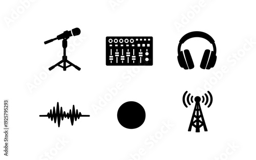 Collection of audio and broadcast icons including microphone, mixer, headphones, waveform, and antenna