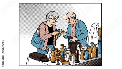 Elderly couple examining vintage ceramics at market table in comic style
