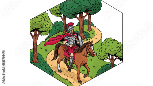 Roman soldier on horseback in forest setting with trail and trees