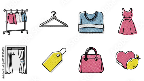 Vintage fashion icons: clothing, accessories, and labels in retro pop art style