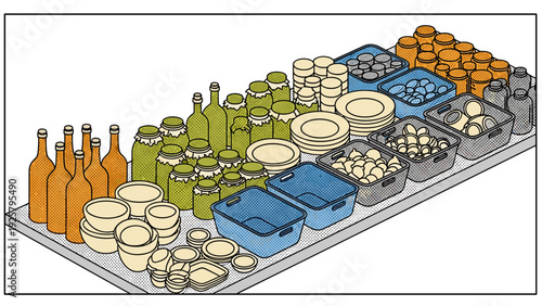 Isometric display of jars and bottles on market stall with kitchen utensils