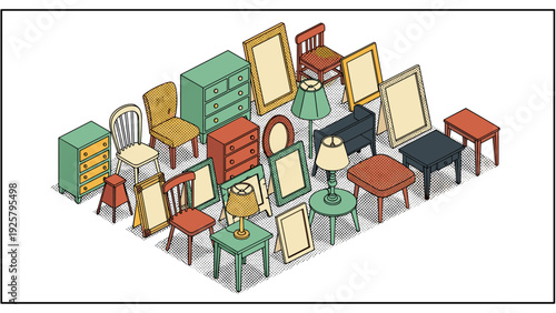 Mid-century modern furniture collection in isometric style with chairs, tables, and lamps