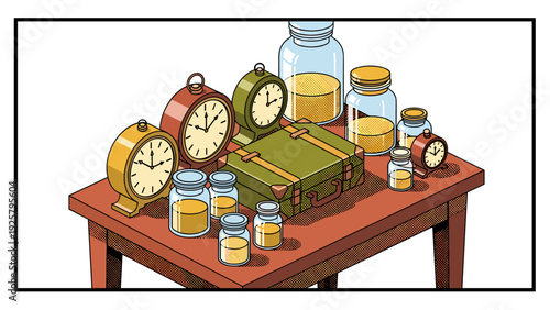 Vintage tabletop with clocks, jars, and books in retro style