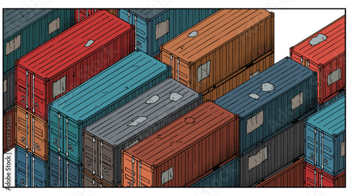 Shipping containers in isometric style with weathered texture