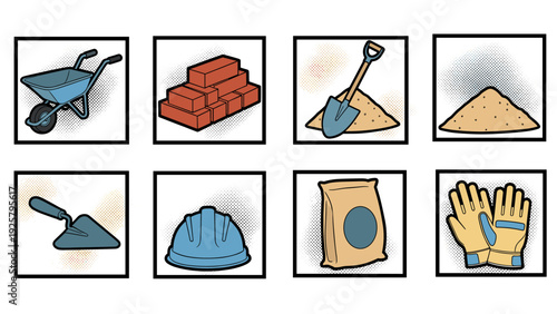 Construction tools and materials icons in pop art style
