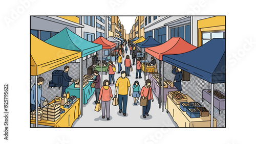 Bustling street market with colorful tents in urban setting