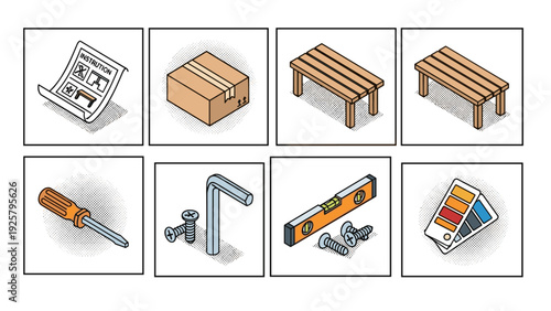 Isometric toolkit for home assembly projects with furniture and tools