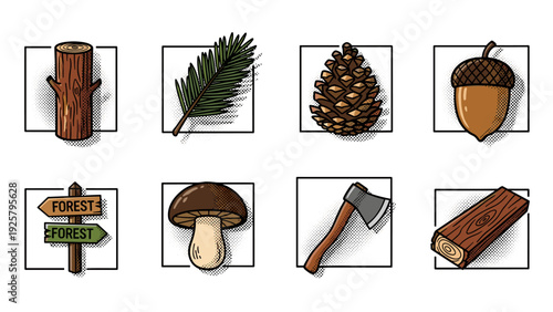 Nature icons: hand drawn forest elements featuring pine, acorn, mushroom, and axe designs