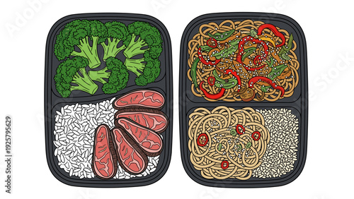 Colorful meal prep: asian noodles and steak box with vegetables