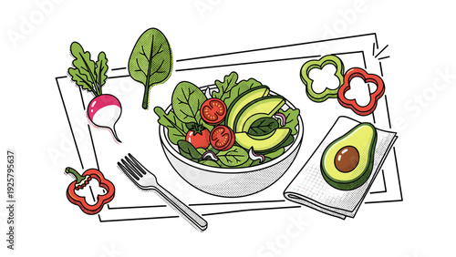 Fresh salad ingredients in vibrant pop art style with avocado and peppers