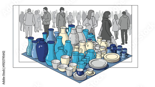 Urban market scene with assortment of blue and white pottery in flat design