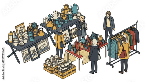 Isometric market scene with shoppers and vintage items