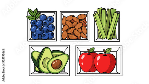 Colorful pop art fruits and nuts in boxes with avocado, blueberries, almonds, celery, apples