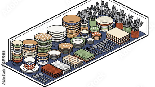 Colorful isometric dishware collection with plates and cutlery on display