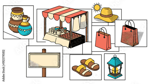 Retro market pop art: hat, bags, pottery, and summer vibes