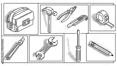 Monochrome tools collection: hammer, wrench, screwdriver, and more in retro comic style