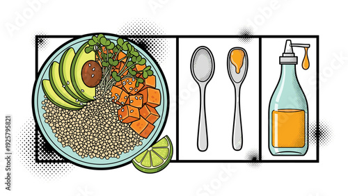 Colorful quinoa bowl with avocado and sweet potato in pop art style