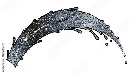 Glittering cosmic swoosh with droplets and stars on white background